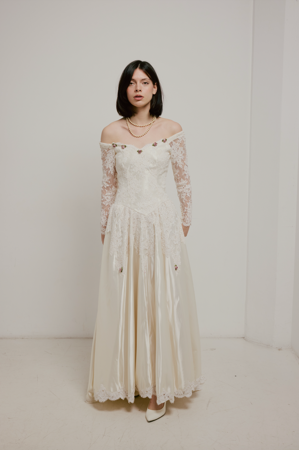 70s Lace and Satin Basque Waist Dress