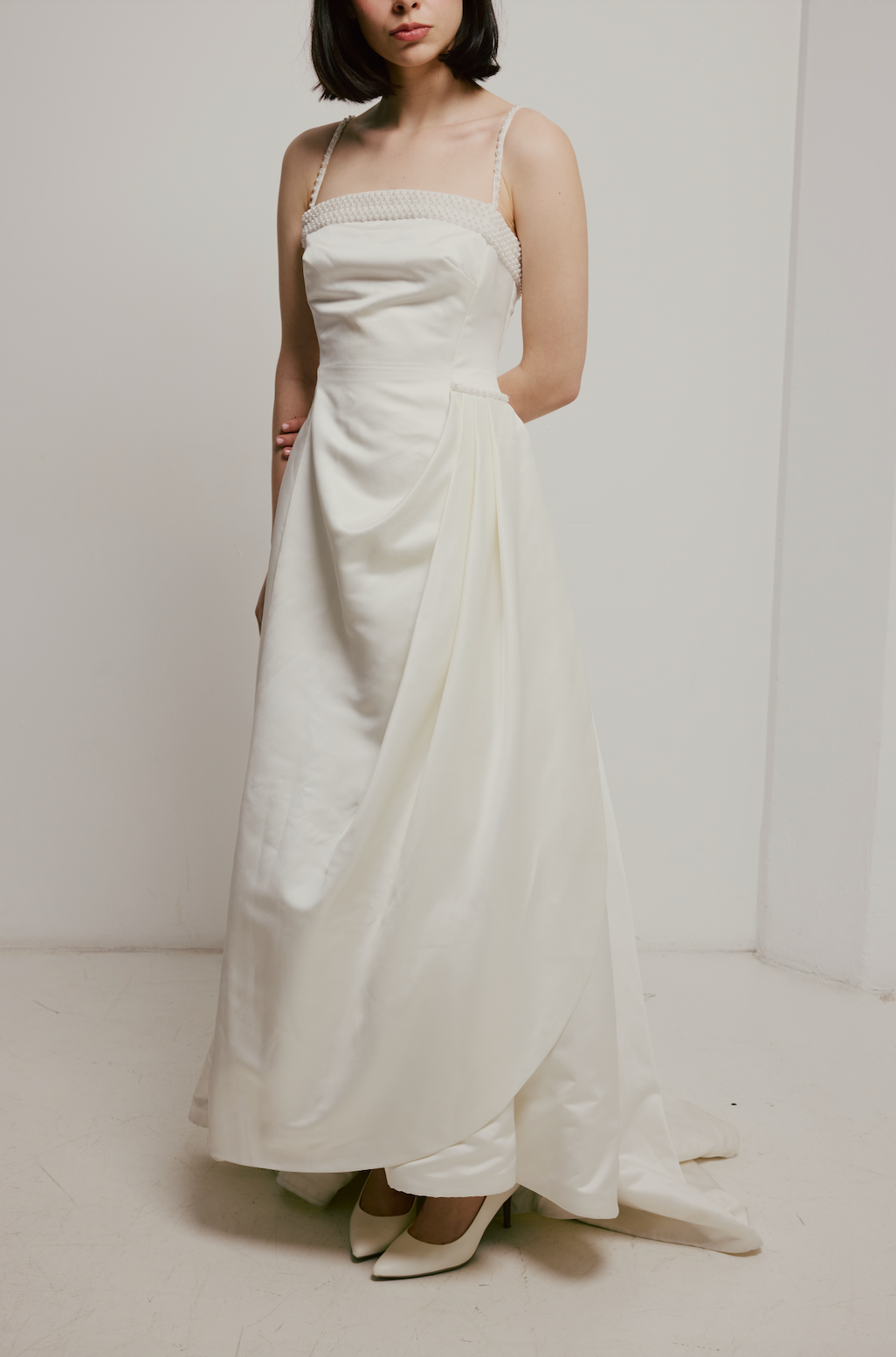 90s Satin Asymmetrical Pearl Detail Dress