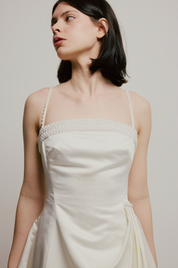 90s Satin Asymmetrical Pearl Detail Dress