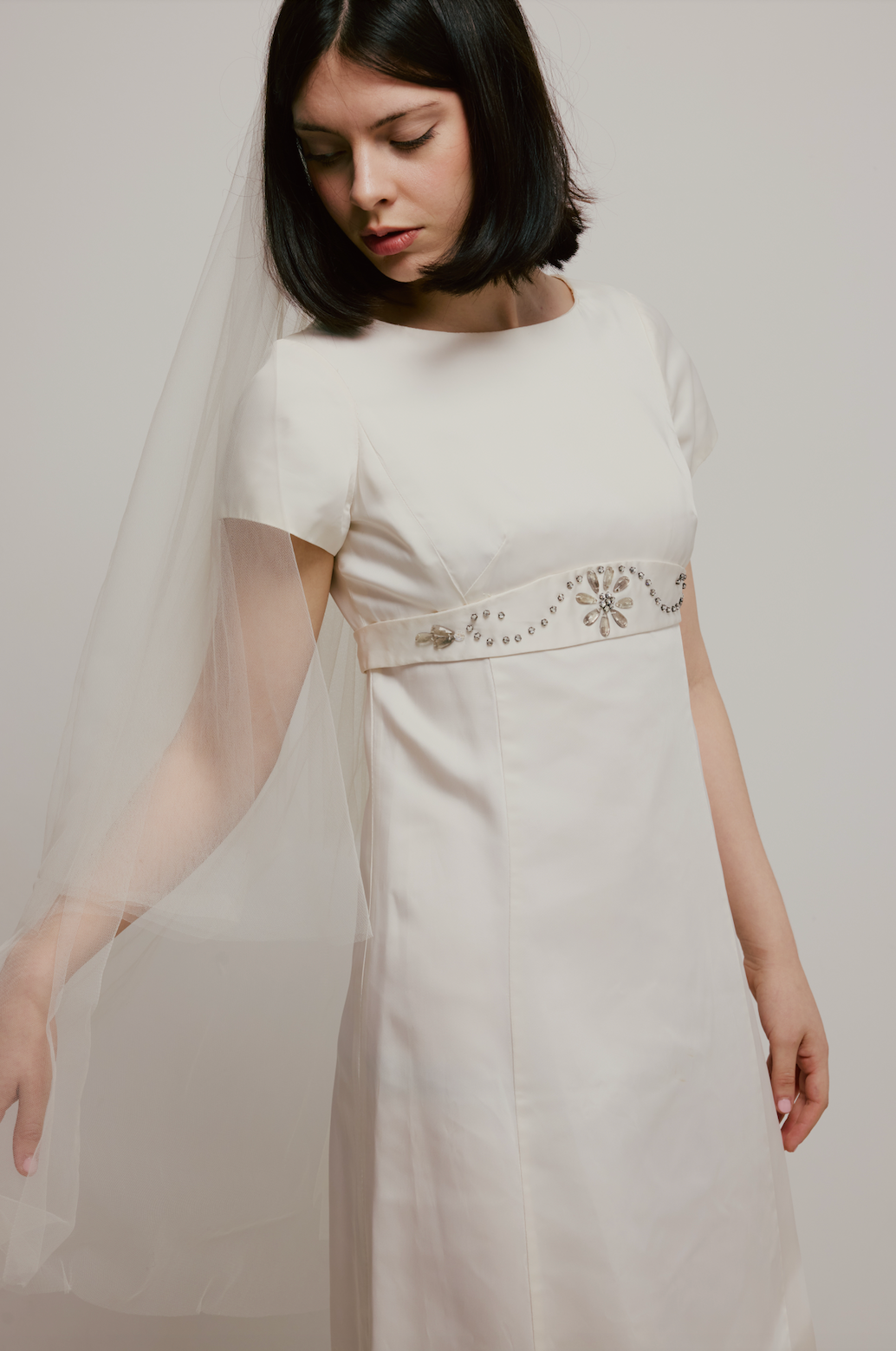 60s Satin Empire Beaded Belt Dress
