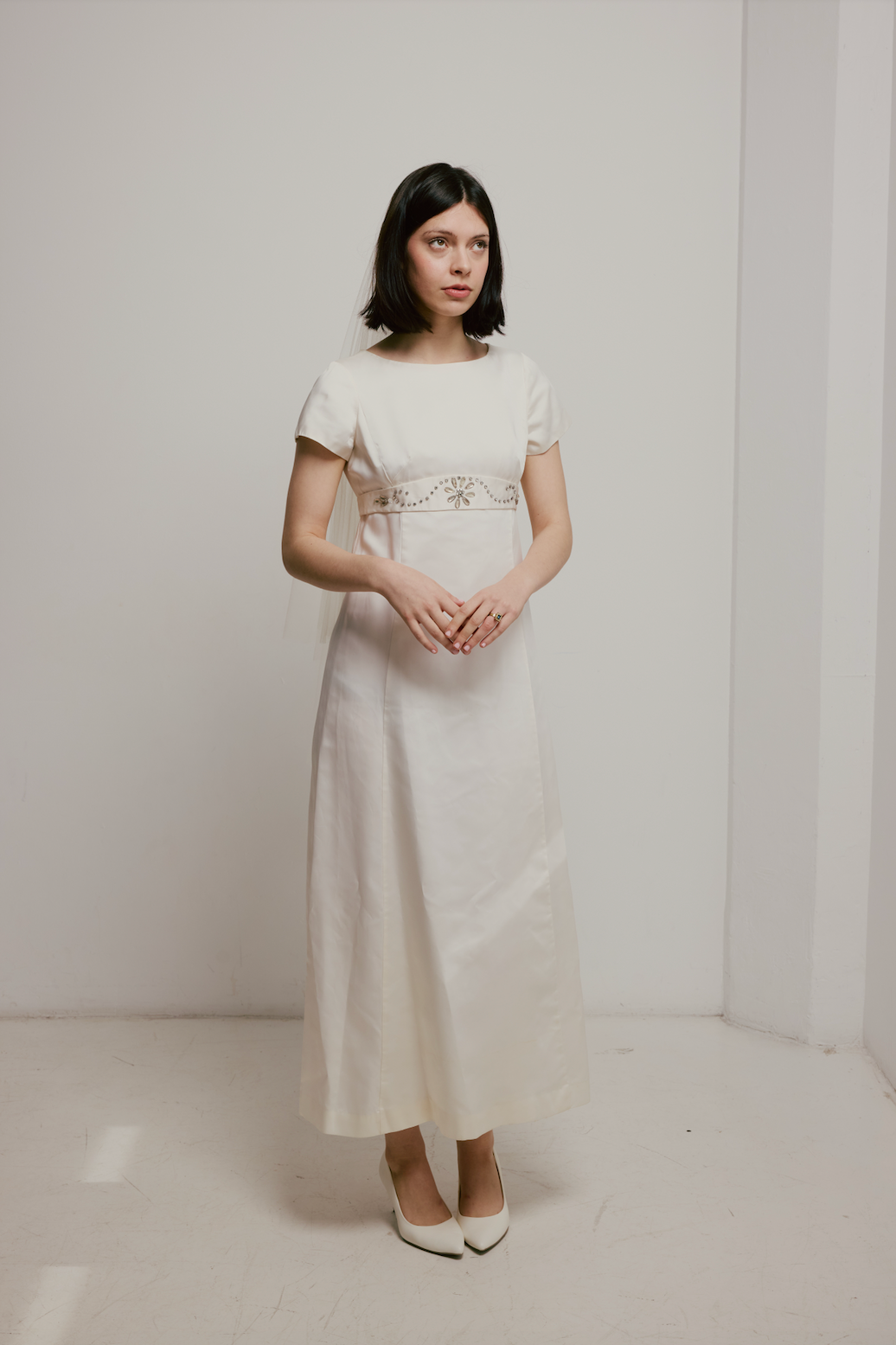 60s Satin Empire Beaded Belt Dress
