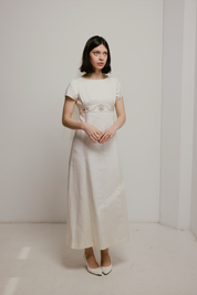 60s Satin Empire Beaded Belt Dress