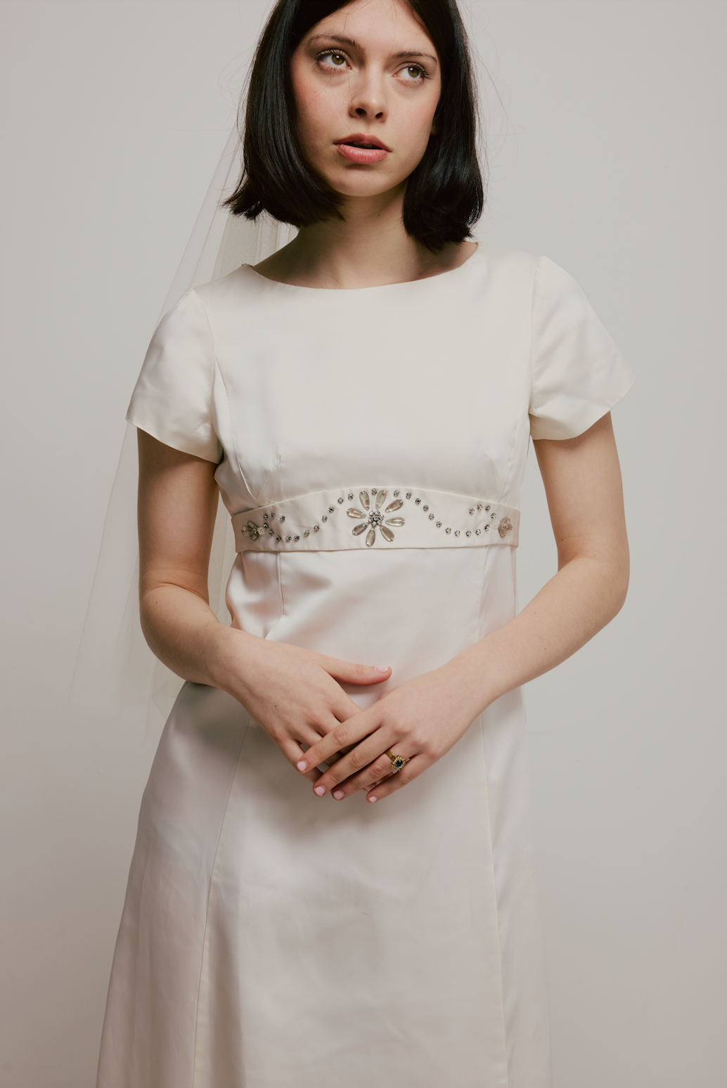 60s Satin Empire Beaded Belt Dress