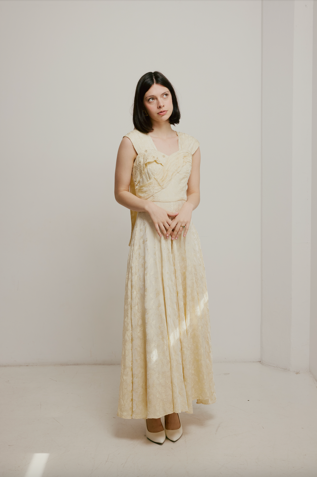 20s Embossed Silk Pleat and Bead Detail Dress