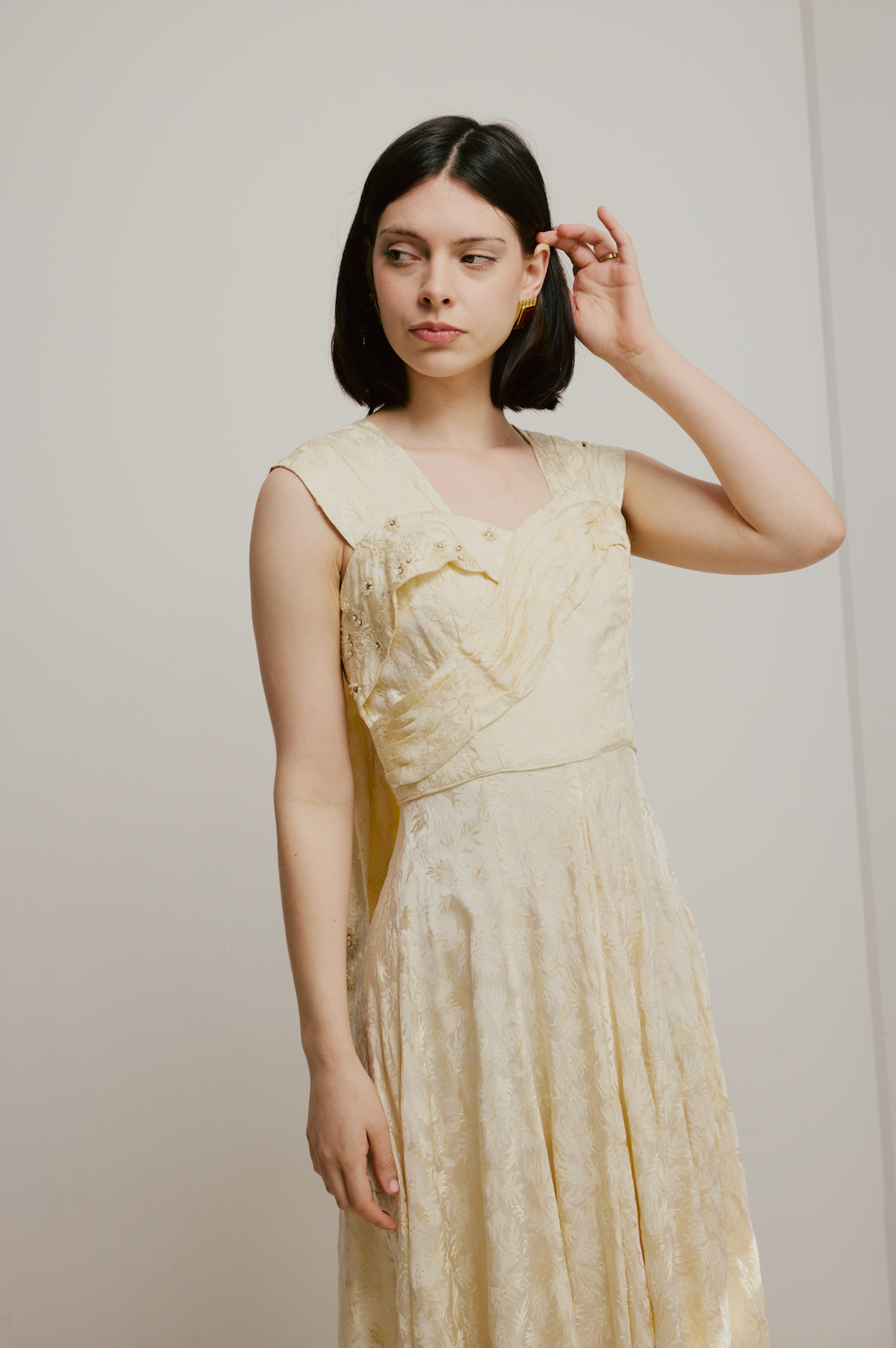 20s Embossed Silk Pleat and Bead Detail Dress