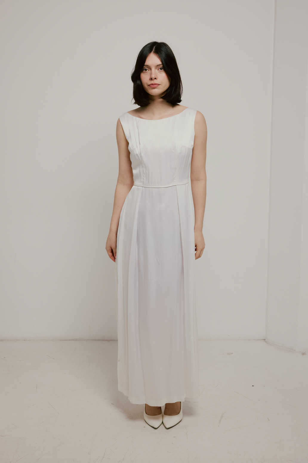 50s Satin Boat Neckline A-line dress