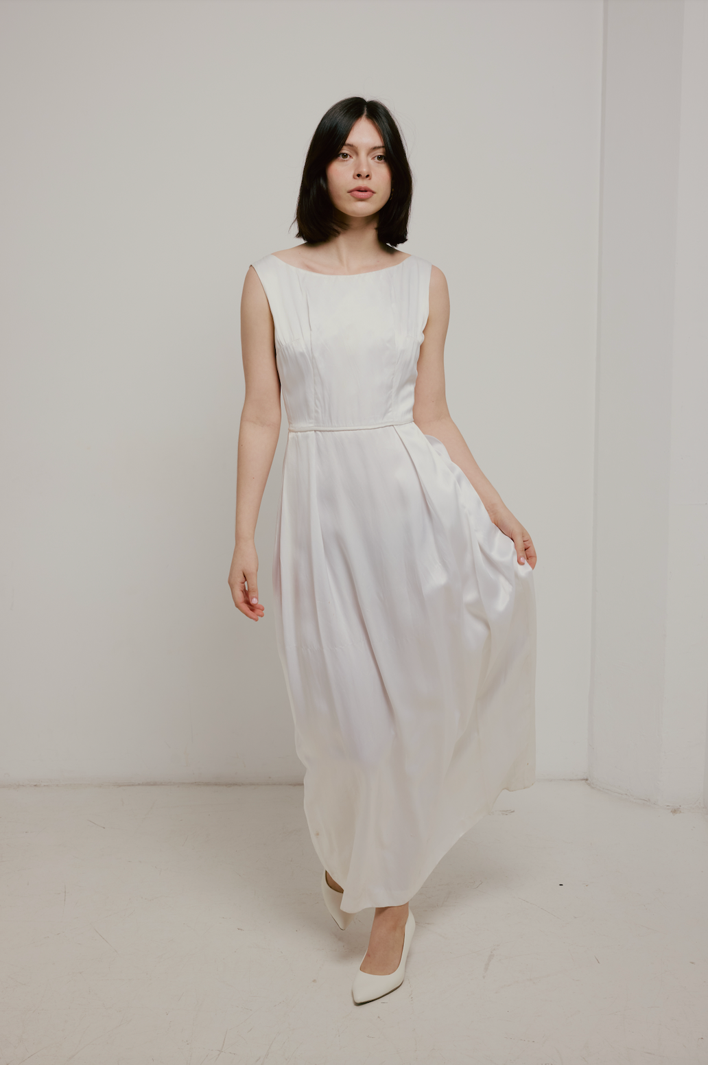 50s Satin Boat Neckline A-line dress