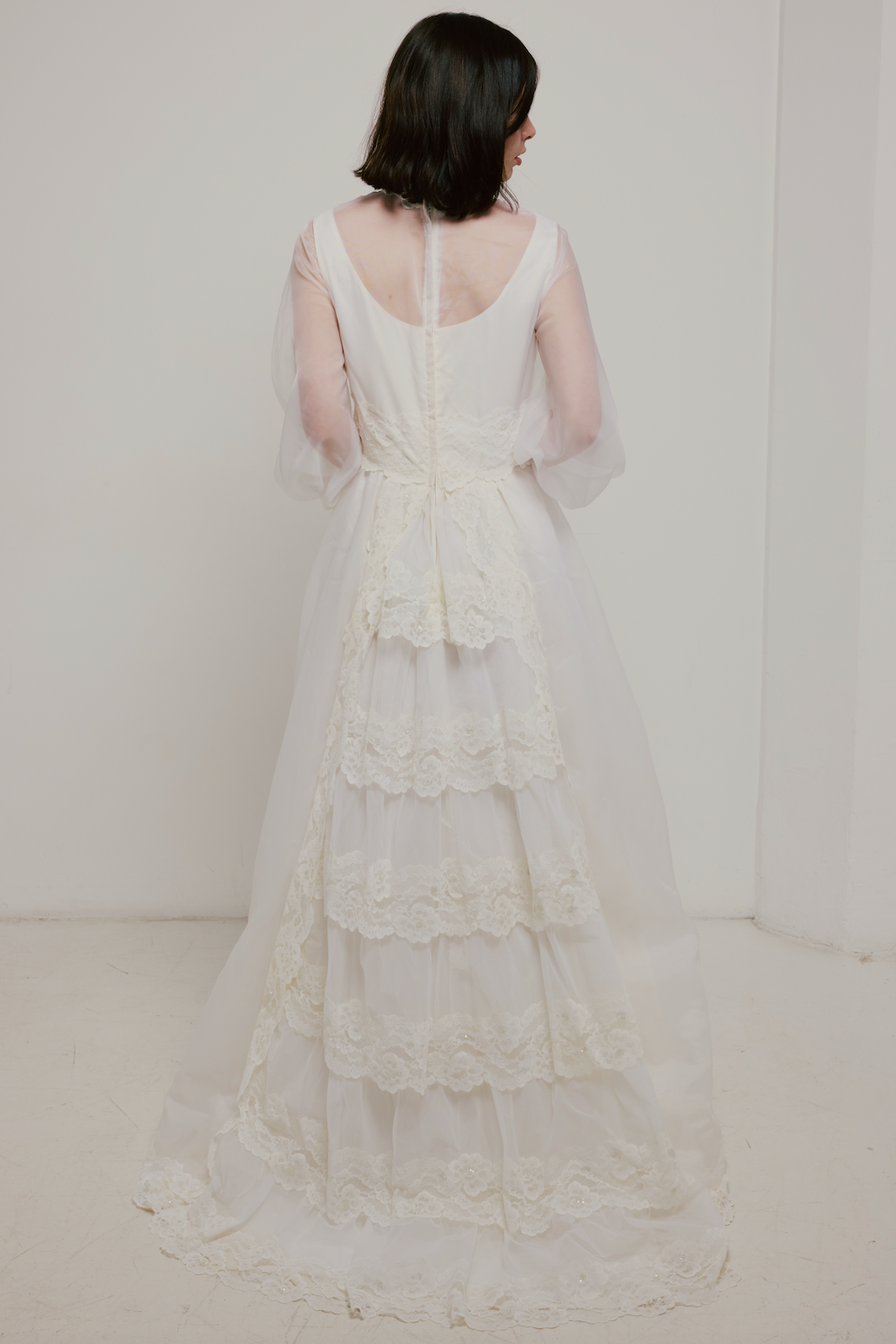 70s Lace Detail Tiered Train Ballgown