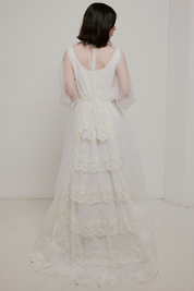 70s Lace Detail Tiered Train Ballgown