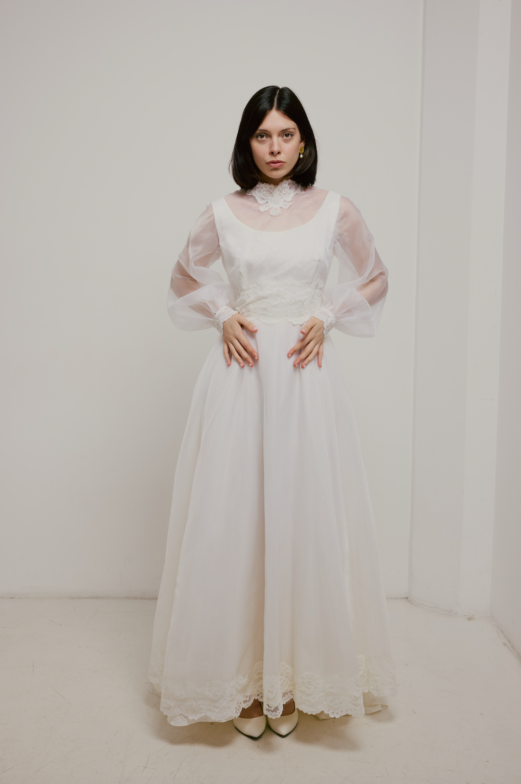 70s Lace Detail Tiered Train Ballgown