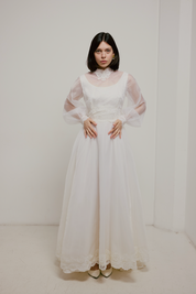 70s Lace Detail Tiered Train Ballgown