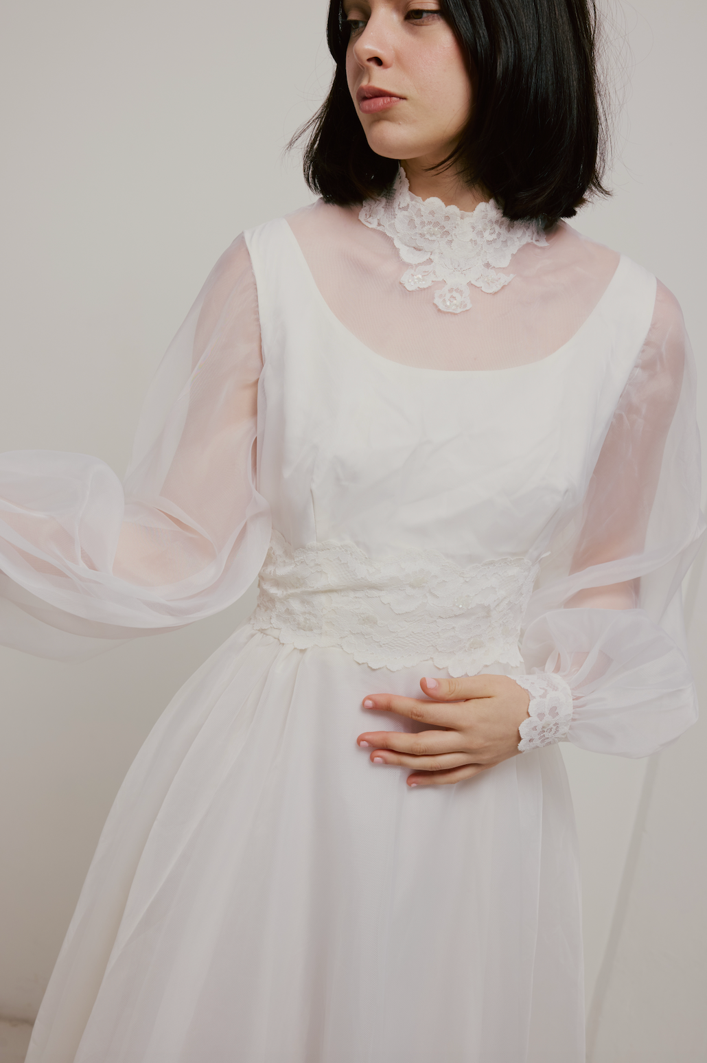 70s Lace Detail Tiered Train Ballgown