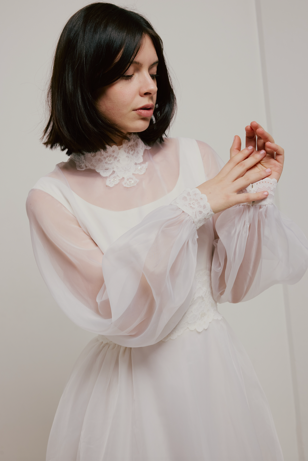 70s Lace Detail Tiered Train Ballgown