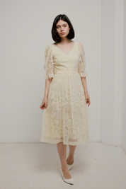 70s Cream Lace Puff Sleeve Dress