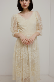 70s Cream Lace Puff Sleeve Dress