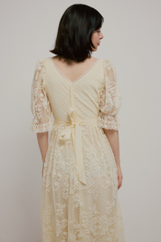 70s Cream Lace Puff Sleeve Dress