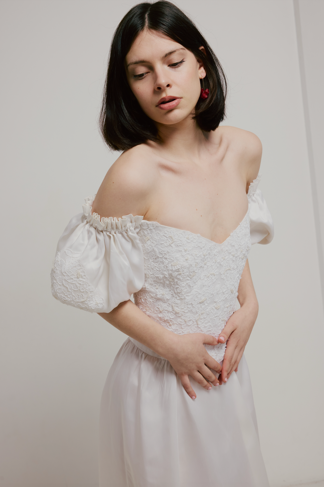 80s Lace Bodice Puff Sleeve Dress