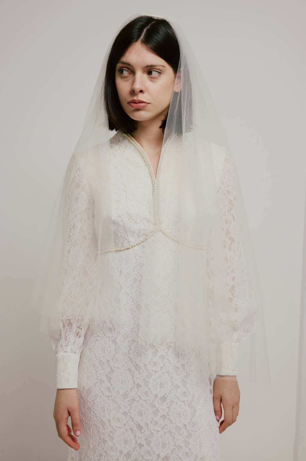 70s Lace Pearl Detail Column Dress