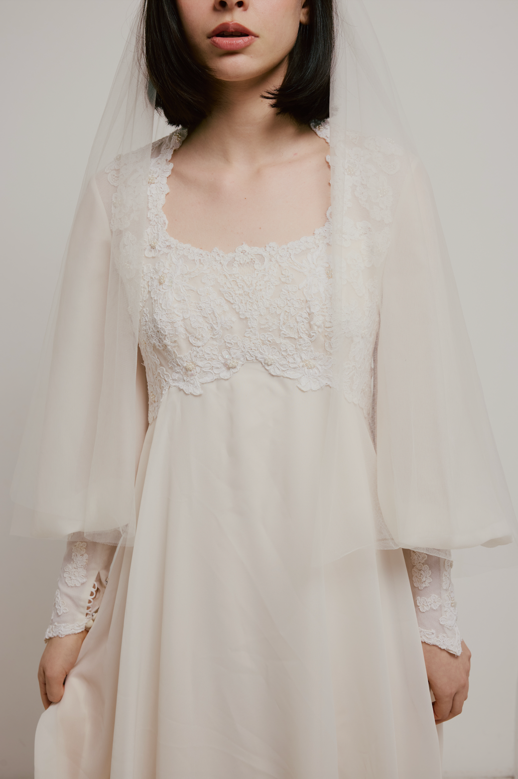 70s Cream Lace Empire Waist Dress