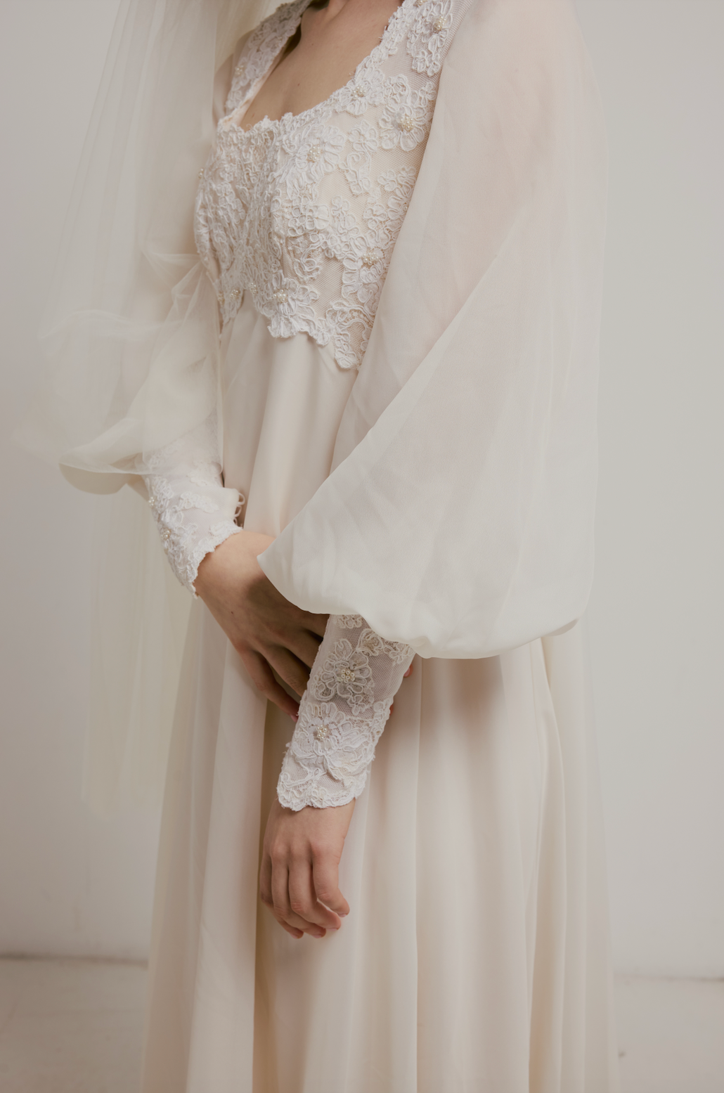 70s Cream Lace Empire Waist Dress