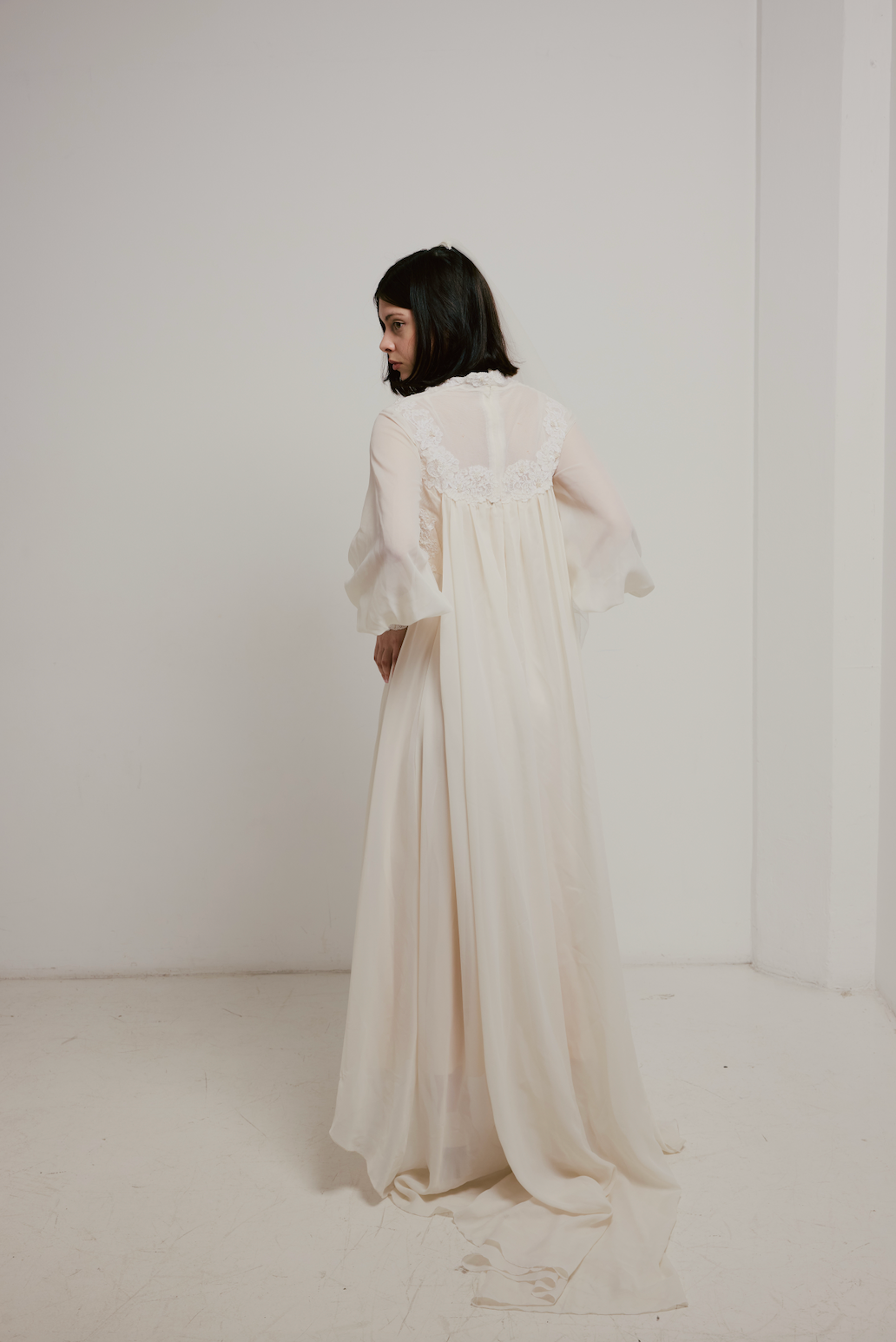 70s Cream Lace Empire Waist Dress