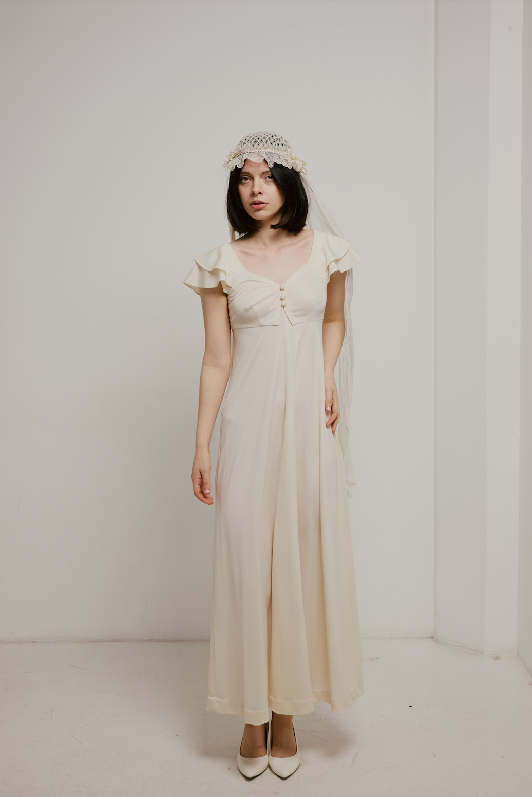 70s Cream Butterfly Sleeve Dress