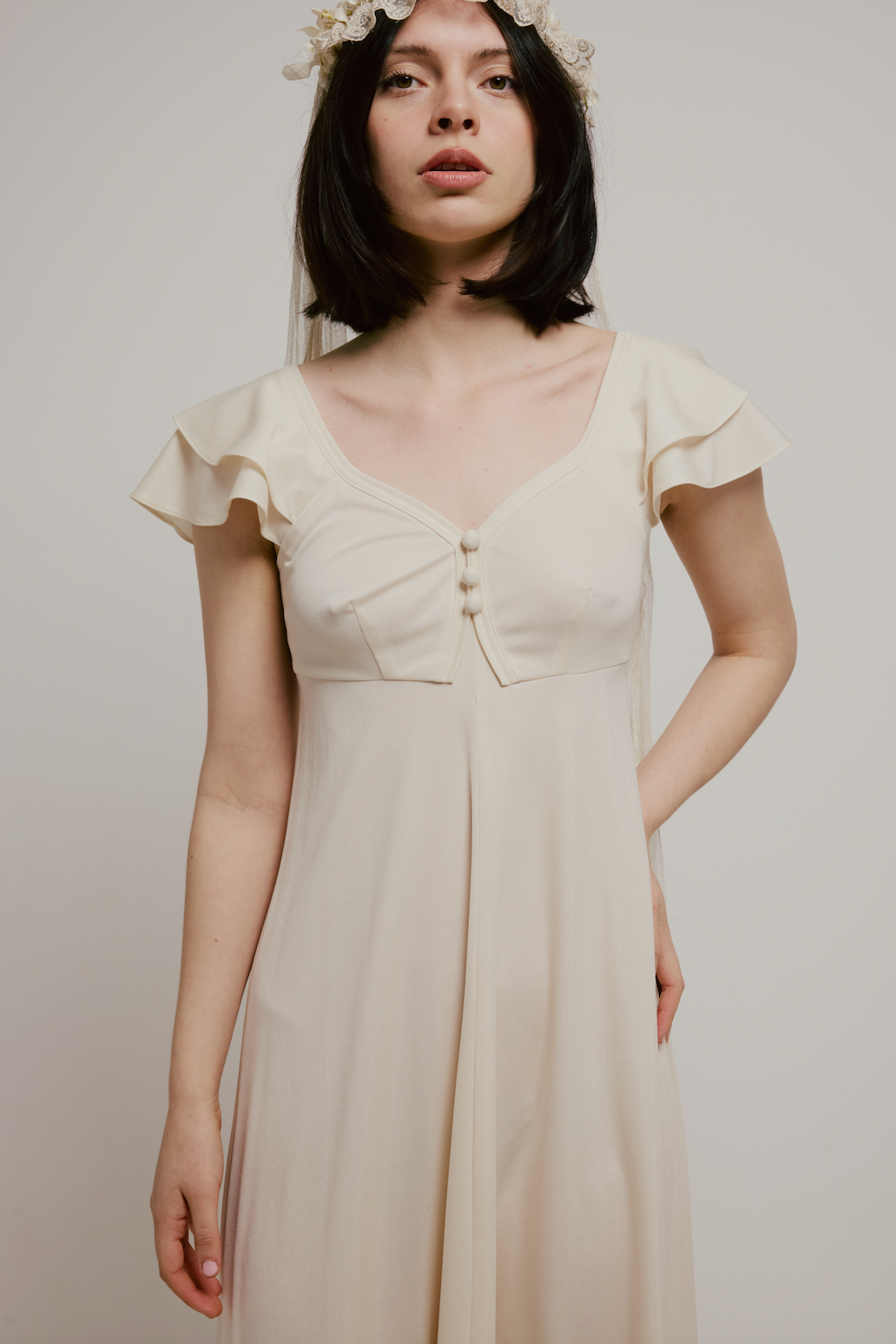 70s Cream Butterfly Sleeve Dress