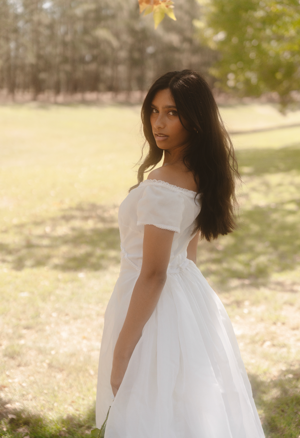 40s Silk Organza Off-the-shoulder Dress