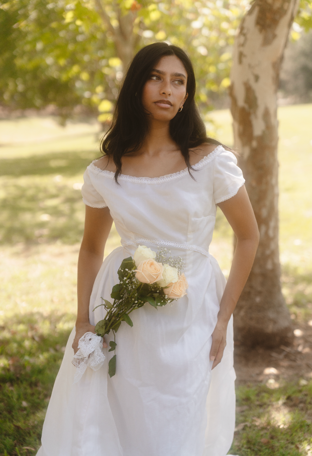 40s Silk Organza Off-the-shoulder Dress