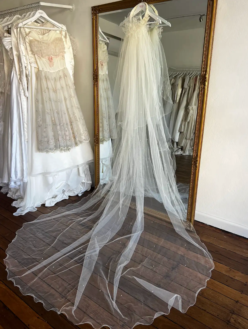 80s Adorned Headpiece Cathedral Veil with Fingertip Blusher