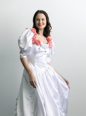 1980s White and Pink Rose Dress