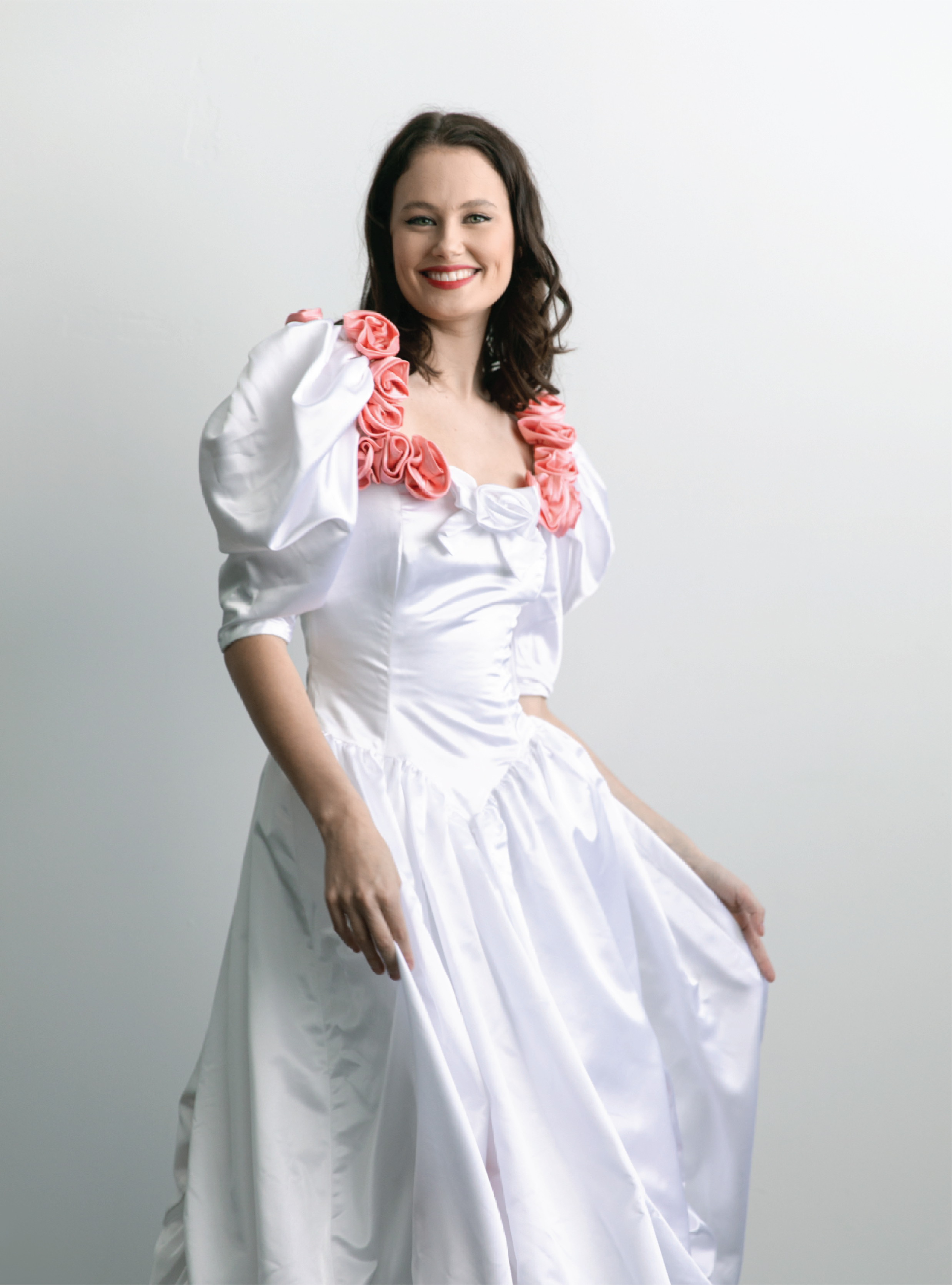 1980s White and Pink Rose Dress